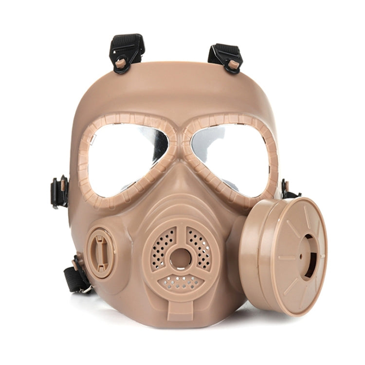 Khaki gas mask with dual eye lenses, front vent panel, and side filter canister