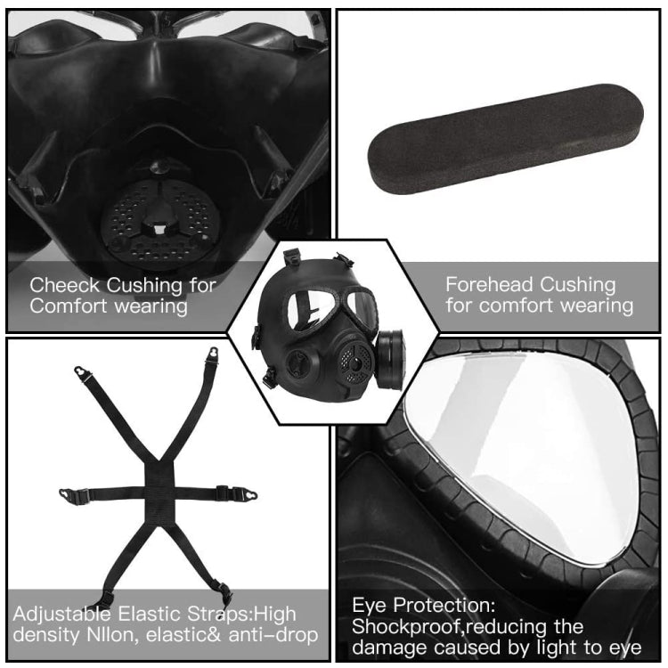 Black gas mask with adjustable elastic straps and padded forehead comfort