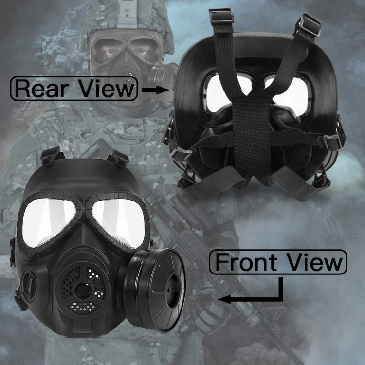 Black gas mask set with adjustable head straps and round side filter canisters