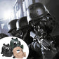 Black tactical gas mask with round filter canister and elastic head straps