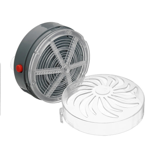 Solar-powered mosquito zapper with gray base, clear fan cage, and open outer cover