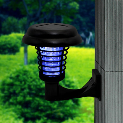Solar mosquito zapper lamp with glowing blue UV grid on garden stake