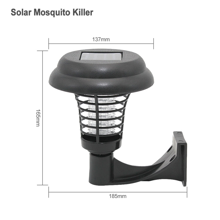Solar mosquito zapper lamp with solar panel top, side bracket, size diagram