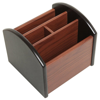 Wooden 4-compartment pen holder with dark gray side handles, open top.