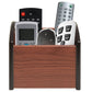 Wooden 4-compartment pen holder holding remote controls, dark gray side handles.
