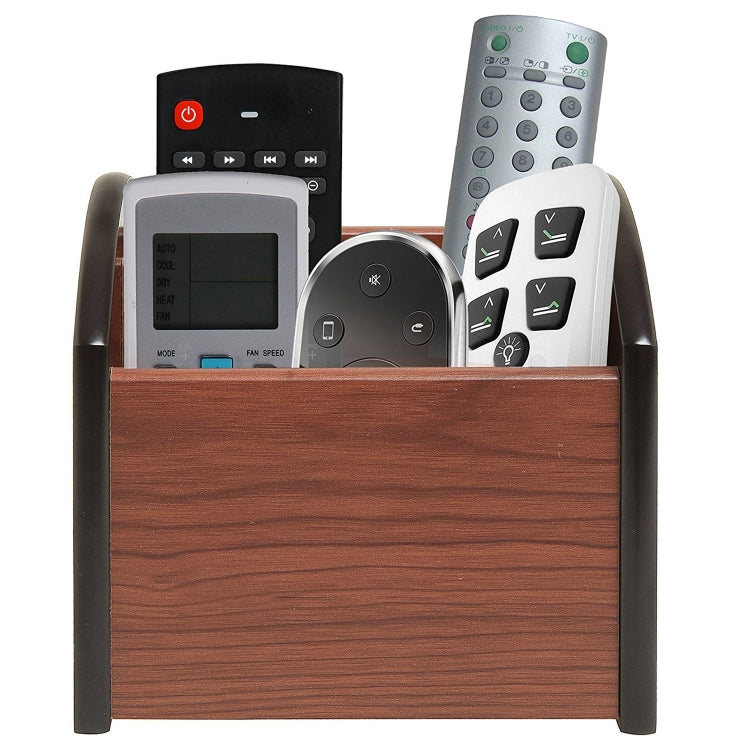 Wooden 4-compartment pen holder holding remote controls, dark gray side handles.