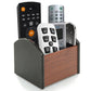 Wooden pen holder box with four compartments, dark gray side panels, holds electronics.