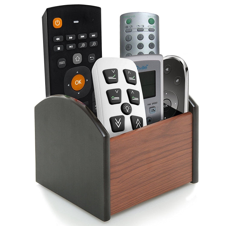 Wooden pen holder box with four compartments, dark gray side panels, holds electronics.