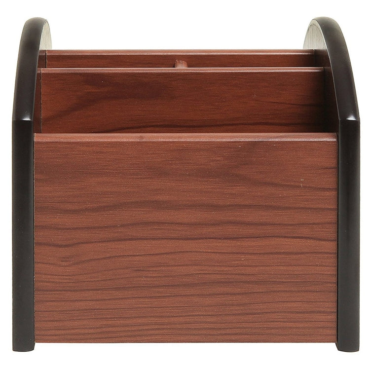 Wooden 4-compartment pen holder with empty open tray, dark gray corner handles.