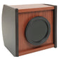 Wooden pen holder with circular base detail and dark gray side panels, open top.