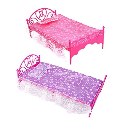 Mini doll bed set: pink and purple plastic beds with floral mattresses and lace trim