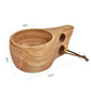 Handmade wooden cup with large bowl, two side cutouts, and cord tie handle