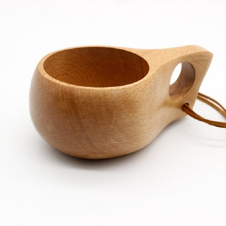Handmade wooden cup with open bowl and side oval cutout with cord ties