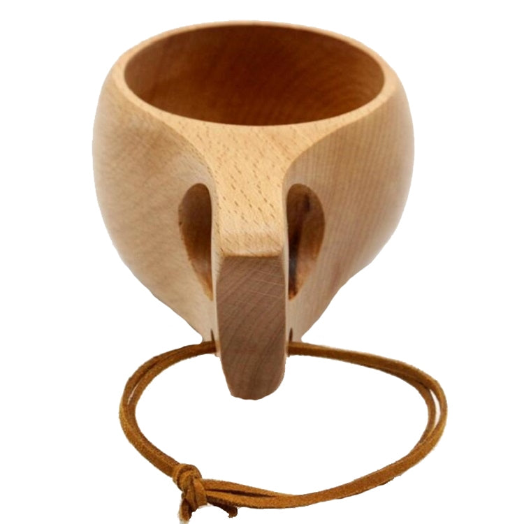 Wooden cup with two side openings and long cord tied around the sides