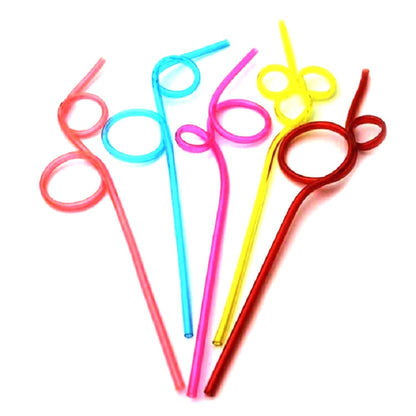 Assorted colorful curved plastic straws with loop handles, 10-pack fan arrangement