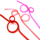 Close-up of curved plastic straws in red, pink, purple, and orange loop tips
