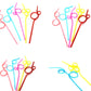 Curved plastic straws with loop ends, assorted pastel colors in a top-down layout