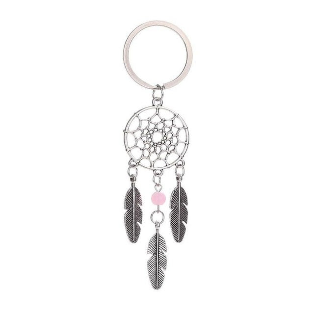 Silver dreamcatcher keychain with pink bead and three feather charms