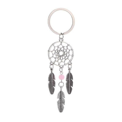 Silver dreamcatcher keychain with pink bead and three feather charms