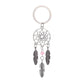 Silver hoop keychain with web dreamcatcher, pink bead, and three feather charms