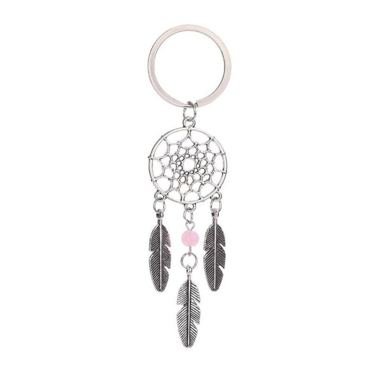 Silver hoop keychain with web dreamcatcher, pink bead, and three feather charms