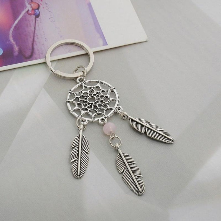 Silver dreamcatcher keychain with pink bead and three feather charms