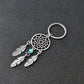 Silver dreamcatcher keychain with turquoise bead and three feather charms