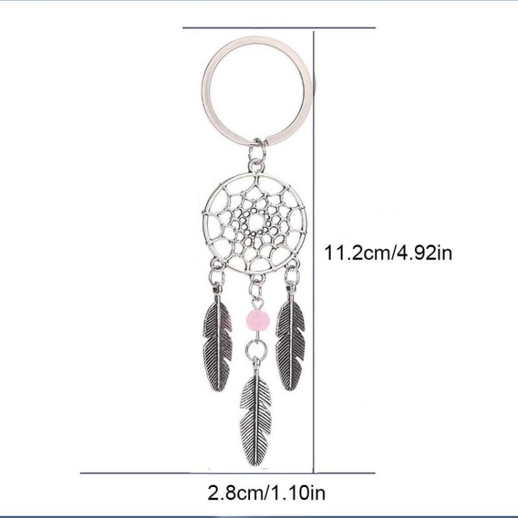 Silver dreamcatcher keychain with pink bead and three feather charms, size shown