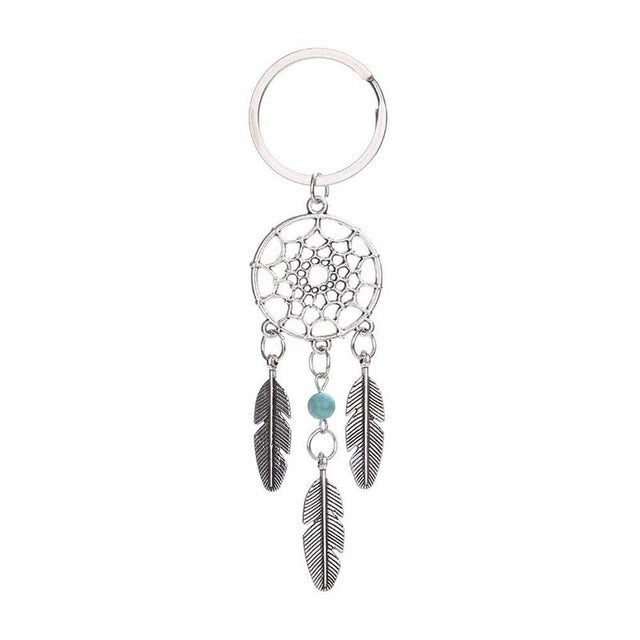 Silver dreamcatcher keychain with teal bead and three feather charms