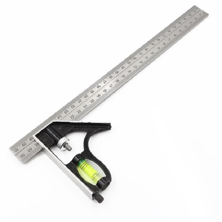 300mm angle woodworking ruler with black-and-green protractor and clamping head