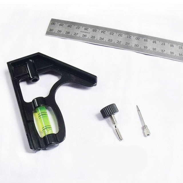 Angle gauge tool with black handle, green vial, and two metal adjustment screws