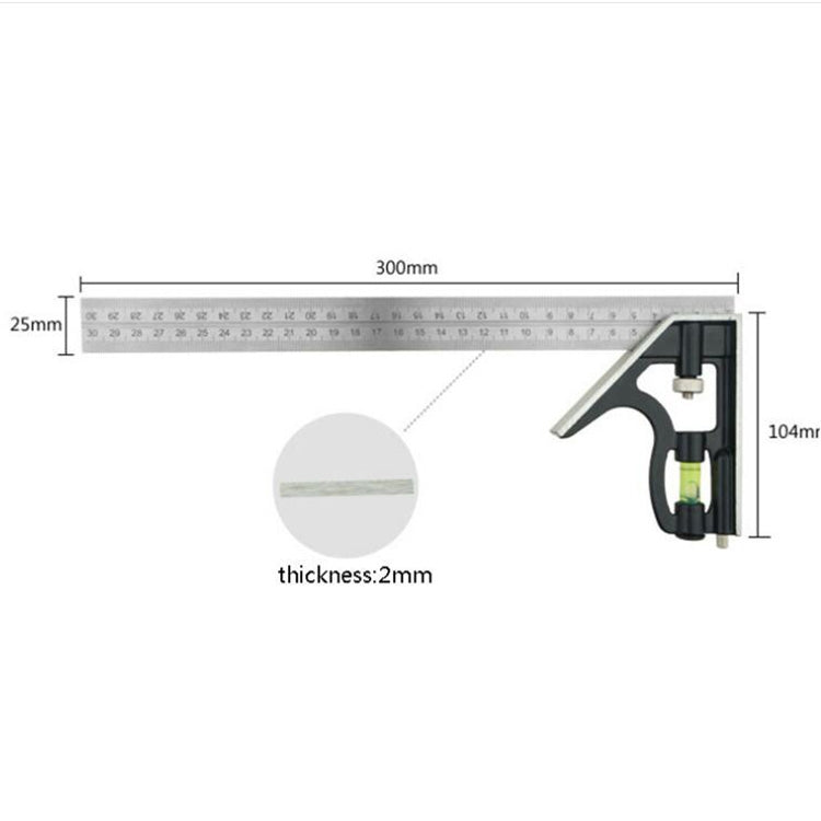 300mm angle gauge dimensions diagram with black clamp and green vial
