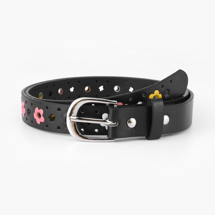 Children’s black PU leather belt with flower cutouts and silver buckle