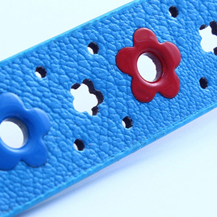 Blue PU leather belt close-up with red flower and star-like cutout pattern