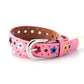 Pink kids’ PU leather belt with colorful flower cutouts and silver buckle