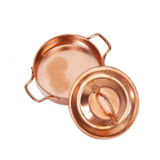 Miniature copper pot and matching lid shown separately, with loop handles