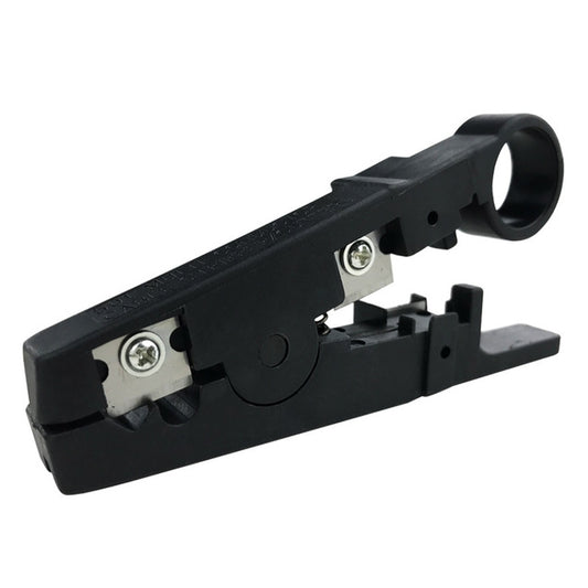 Black round cable insulation stripper, metal blade and wire-grip clamp detail
