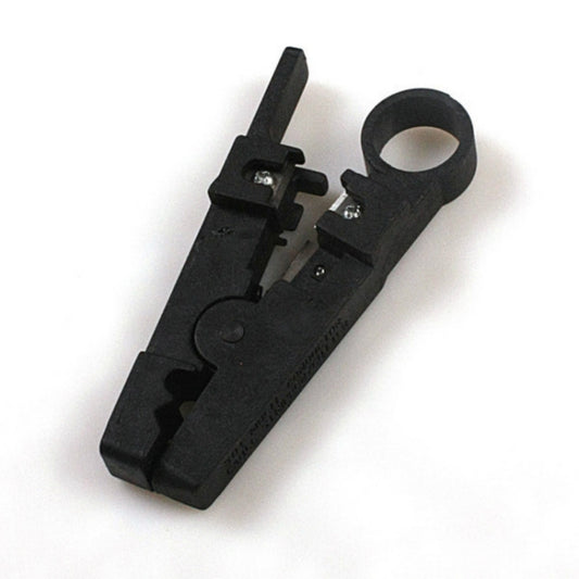 Black cable insulation stripper with round-cut slot, electrician wire cutting tool