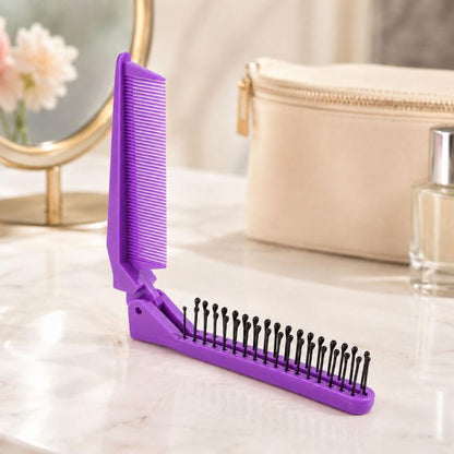 Purple folding travel hair comb with fine teeth and massage pins