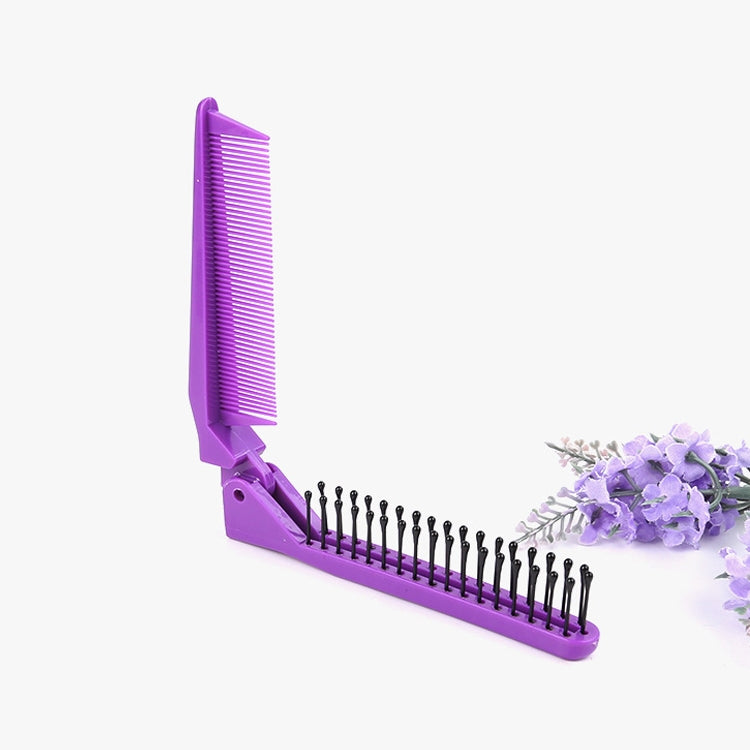 Purple folding hair comb with two-sided comb and massage pins, travel style