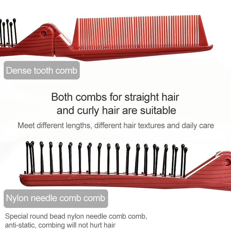 Red folding comb with dense teeth and rows of nylon massage pins