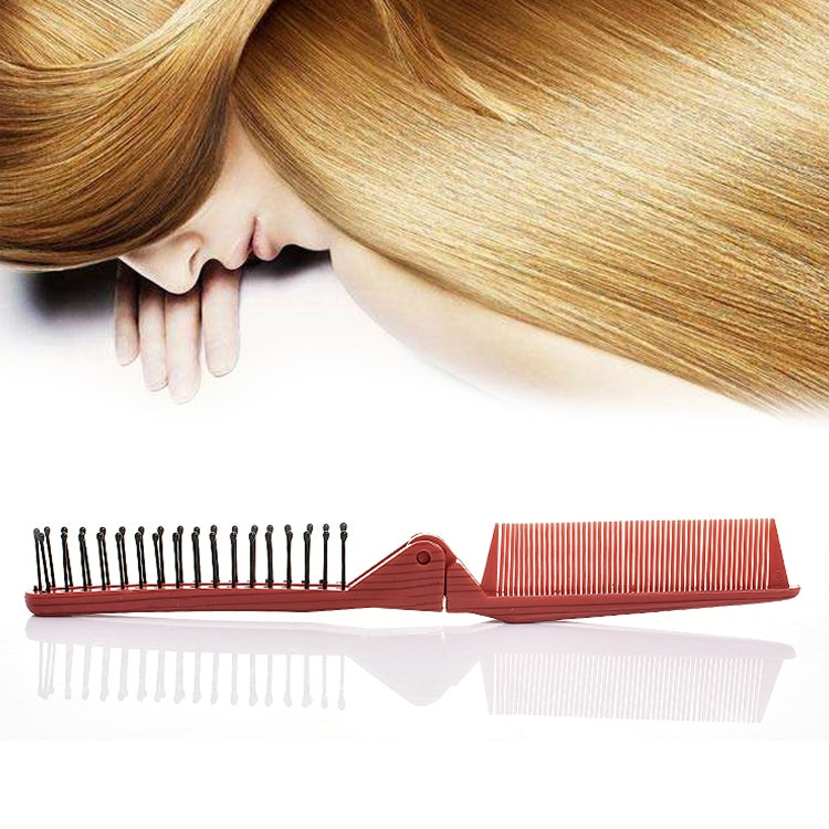Folding travel hair comb with fine comb teeth and massage pins, red