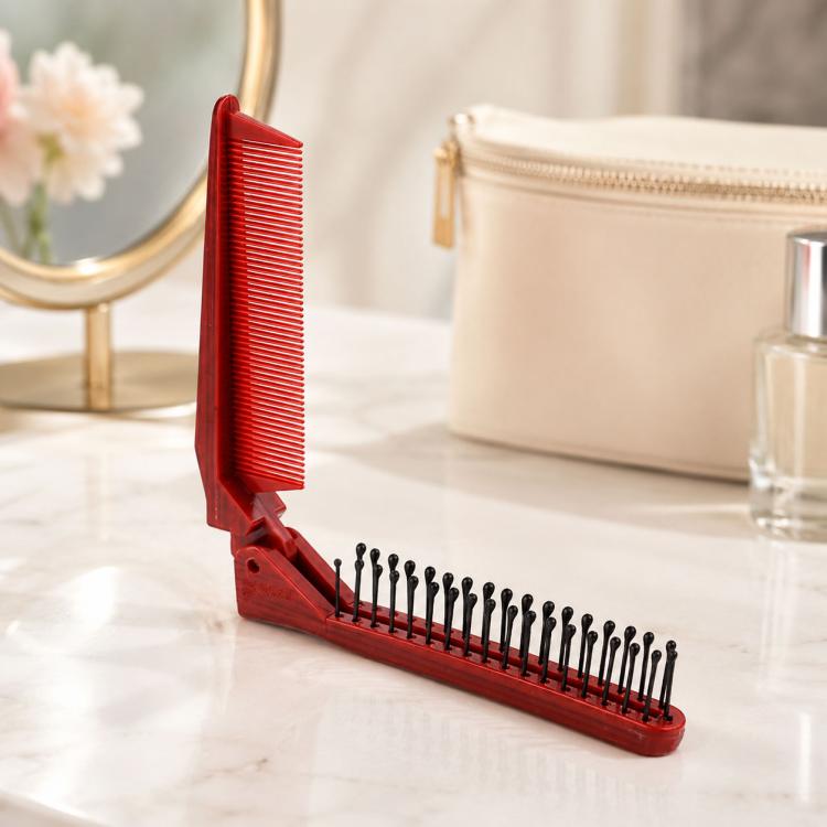 Red folding anti-static massage comb with fine teeth and clasp base