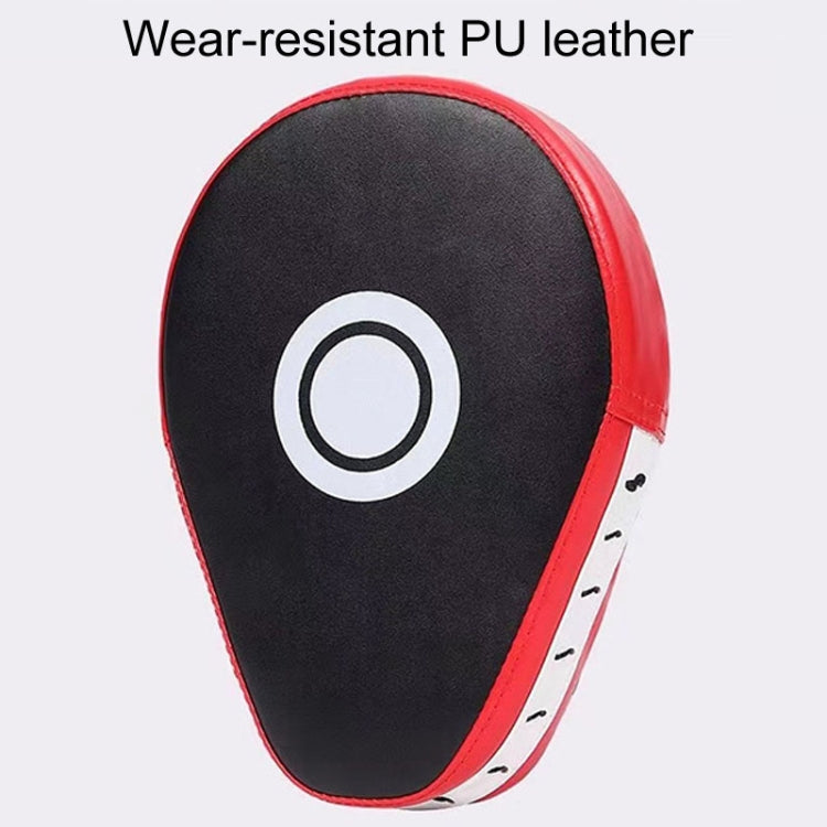 Red and black curved hand target with white circular logo patch