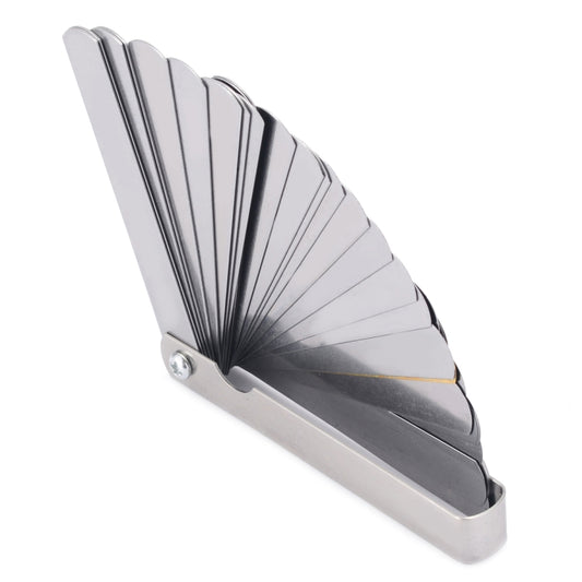 Stainless steel feeler gauge with curved fan of measurement blades and locking screw