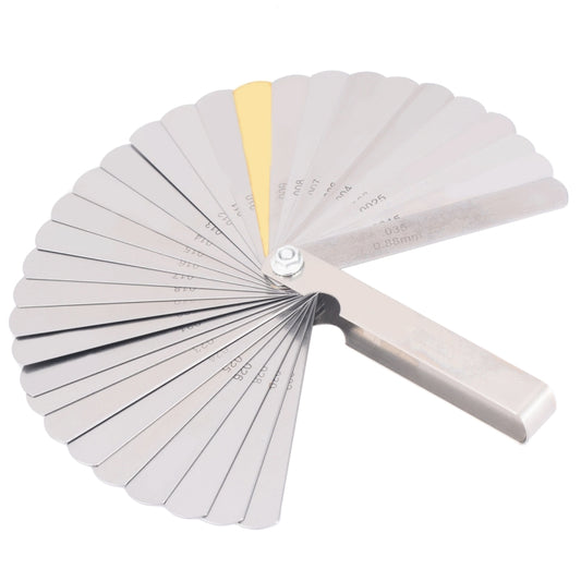 Stainless steel feeler gauge with fold-out leaf blades and central pin, yellow insert