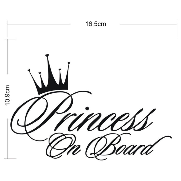 Princess On Board car decal design with black crown and script on white, 16.5 cm
