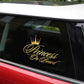 Princess On Board car window decal with gold crown and script on black glass