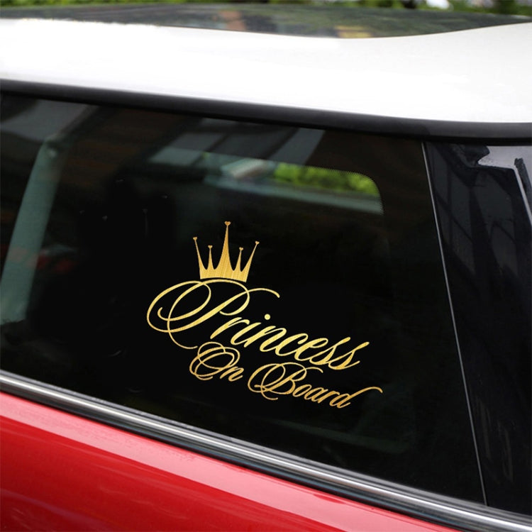 Princess On Board car window decal with gold crown and script on black glass