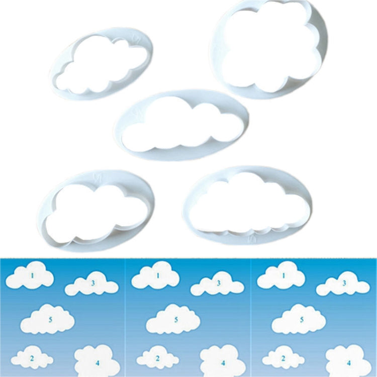 Cloud-shaped fondant cutters, white plastic mold set with five cloud forms